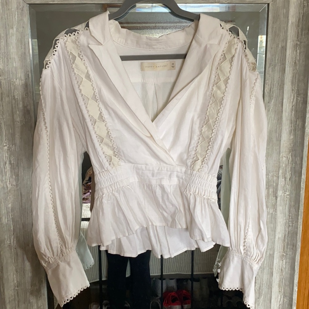Kate Hudson Happy x Nature ivory ambrosia peplum shirt